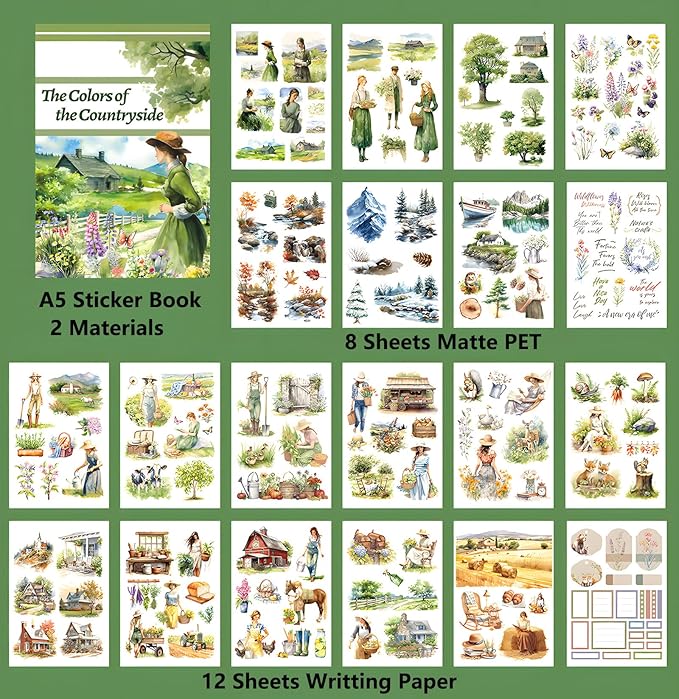 Countryside Journaling Stickers, Junk Journal Sticker for Adults, 20 Sheets Pre-Cut Stickers, Vintage Ephemera Scrapbooking Supplies, Craft Arts