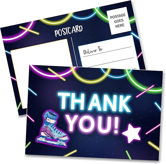 Birthday Thank You Postcards, Neon Roller Skating Thank You Cards for Kids Girls Boys Birthday Party, Baby Shower Party, Set of 20 (A05)
