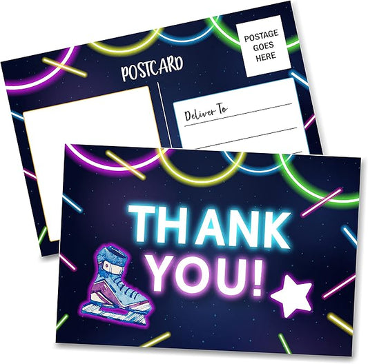 Birthday Thank You Postcards, Neon Roller Skating Thank You Cards for Kids Girls Boys Birthday Party, Baby Shower Party, Set of 20 (A05)
