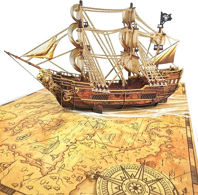 3D Pop Up Greeting Card – Handmade Pirate Ship Card with Treasure Map – Sailing Boat with Skull Flag – Birthday, Adventure Party, Nautical & Retirement Gift