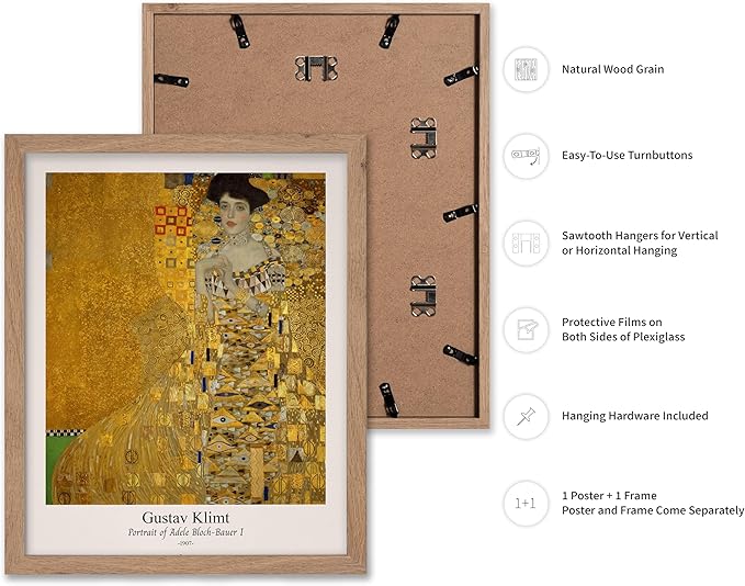 Poster Master Vintage Gustav Klimt Poster - Retro Portrait of Adele Bloch-Bauer Print - Art Nouveau - Lady in Gold Art - Gold Leaf Art - Classic Painting - Living Room Decor - 8x10 Beige Framed