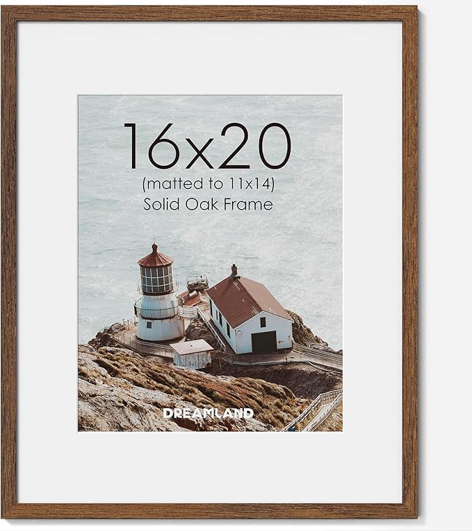 Dreamland 16x20 Picture Frame, Natural Oak Wood Photo Frame with Mat for 11x14, 16 x 20 Matted Picture Frames with Tempered Real Glass for Wall Art Photo and Prints, Walnut Color, Set of 1