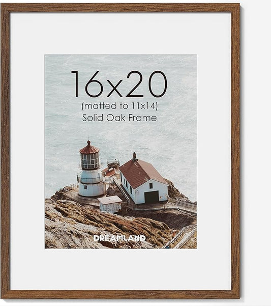 Dreamland 16x20 Picture Frame, Natural Oak Wood Photo Frame with Mat for 11x14, 16 x 20 Matted Picture Frames with Tempered Real Glass for Wall Art Photo and Prints, Walnut Color, Set of 1