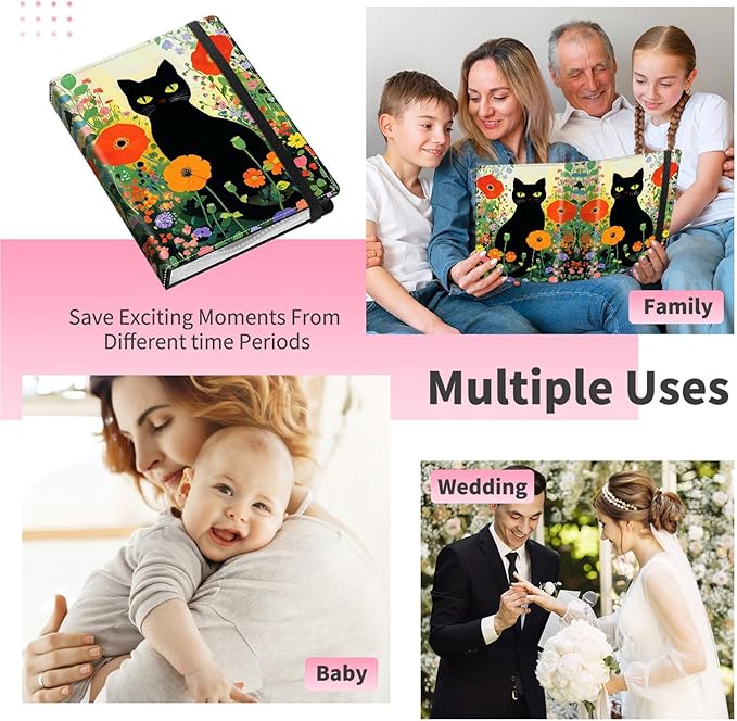 Photo Album 4x6-120 Photos Capacity,PU Leather Cover with Elastic Band,High Definition Waterproof PP Pages for Family Wedding Anniversary Baby Record,Black Cat Wildflower