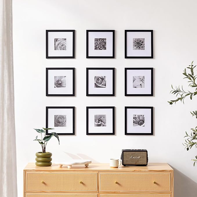 eletecpro 10x10 Picture Frames Set of 9 with Mat for 5x5 Photos or without Mat for 10x10, Square Gallery Wall Decor Collage for Picture Display, Black Frame Set for Wall Hanging