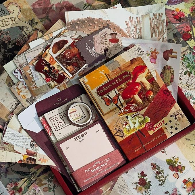 Funto Scrapbooking Kit(123 PCS), Warm Mail Series-Mushroom in The Wind, Perfect for Bullet Scrapbooking Materials, Planner DIY Arts Craft Collage