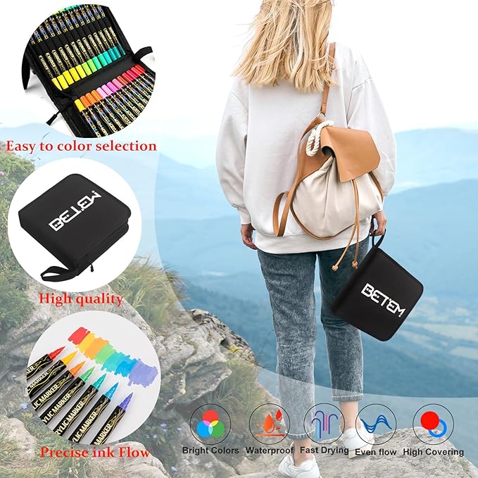 Betem Paint Markers Acrylic Paint Pens, Dual Tip 48 Colors Acrylic Markers with Brush Tip and Fine Point, Art Supplies for Wood, Canvas, Stone, Glass, Rock Painting Kit DIY Crafts Drawing Kit with Bag