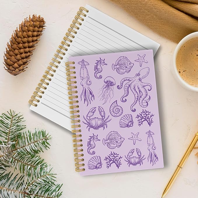 Purple Journal Notebook - Green Ocean Sea Life Coastal Themed Aesthetic Notebooks College Ruled for Office School Classroom, Gifts for Women Girls Kids, Hardcover Spiral Notebook 5.5"x8.3"