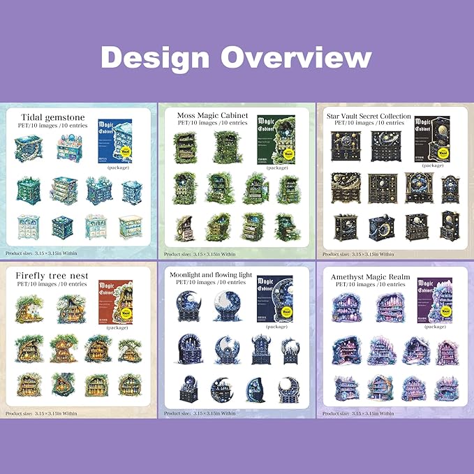 Magic Cabinet PET Stickers Set, 60PCS Fantasy Journal Stickers for Scrapbooking DIY Crafts Planner