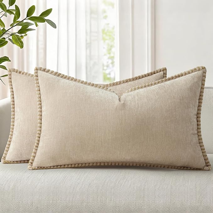 decorUhome Spring Chenille Soft Throw Pillow Covers 12x20 Set of 2, Lumbar Velvet Farmhouse Neutral Decorative Pillow Covers with Stitched Edge for Couch Sofa Bed Home Decor, Beige