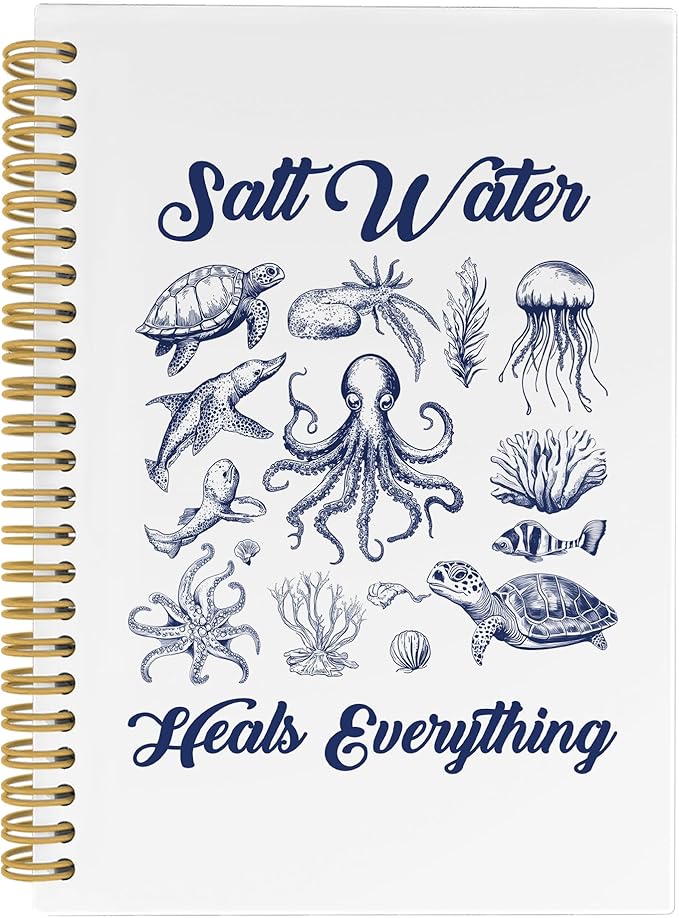 Coastal Beach Notebook, Inspirational Salt Water Heals Everything Ocean Marine Journal Notebooks, Ocean Themed Gifts, Beachy Office School Supplies Hardcover Spiral Notebook 5.5x8.3 Inch