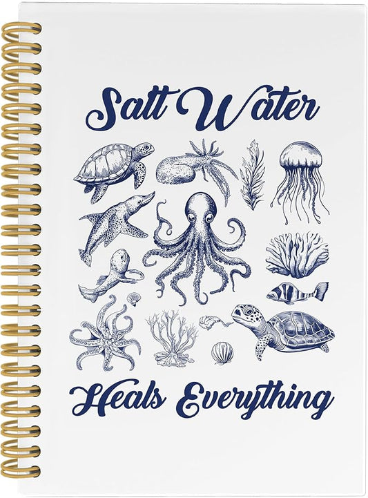 Coastal Beach Notebook, Inspirational Salt Water Heals Everything Ocean Marine Journal Notebooks, Ocean Themed Gifts, Beachy Office School Supplies Hardcover Spiral Notebook 5.5x8.3 Inch