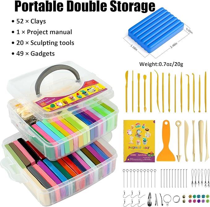 Polymer Clay 52 Colors, Modeling Clay for Kids, Non-Sticky Oven Bake Clay with Sculpting Tools and Accessories, Halloween Christmas Gift for Children and Artists