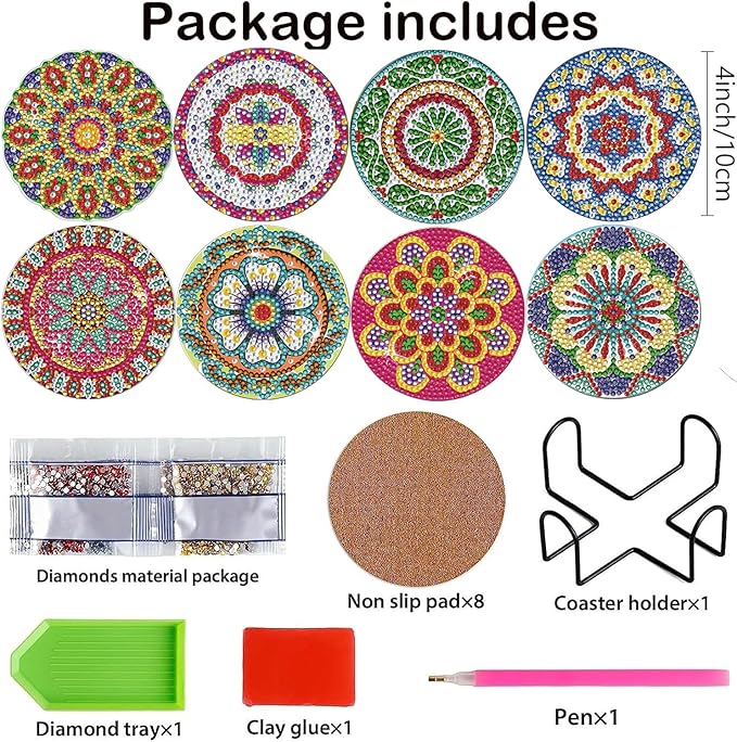 AzsVbvs 8 Pieces Diamond Painting Coasters Kit with Holder, Diamond Art Coasters, DIY Art Crafts Projects, Diamond Dot Kits for Adults and Beginners (Mandala)