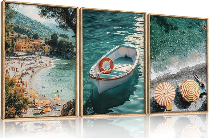 Natural Coastal Ocean Framed Canvas Wall Art Set,Mediterranean Amalfi Blue Green Beach Seascape Decor,Modern Summer Seaside Boat & Umbrella Artwork for Living Room,Bedroom,Farmhouse- 16"x24"x3