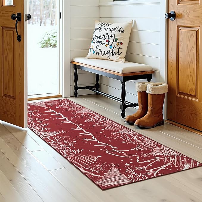 jinchan Deck The Halls Christmas Runner Rug 2x5 for Entryway Washable Christmas Tree Kitchen Rug Red Xmas Mat for Hallway Non-Slip Soft Carpet Winter Festive Holiday Decor for Bathroom Porch Bedside