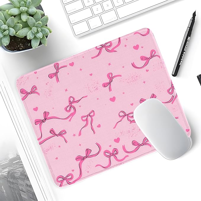 Seorsok Square Aesthetic Ribbon Bows&Shining Stars and Love Mouse Mat Premium Textured Mouse Pads for Office Laptop,Washable Square Mousepads with Extended Stitched Edges Non Slip Rubber Base,Pink