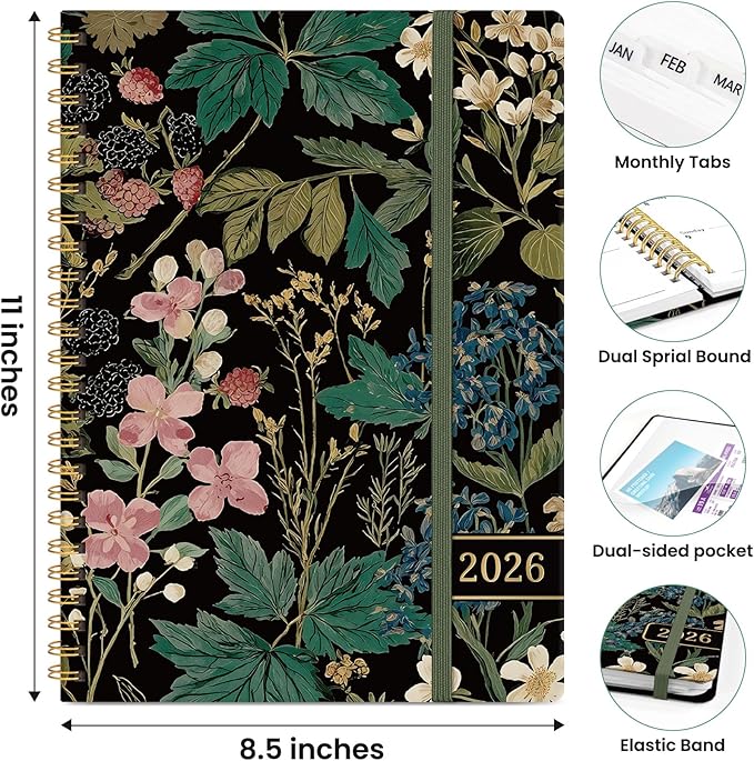 2026 Planner, Weekly and Monthly Planner for Women, January 2026 to December 2026, Pretty Hardcover 2026 Calendar Planner Book with Tabs, Inner Pocket, Spiral Bound, Perfect Office Home School Supplies - 8.5" x 11", Forest Botanica