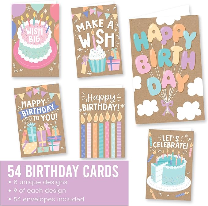 Hadley Designs Happy Birthday Cards Bulk with Envelopes - 54 Assorted Birthday Cards for Kids & Adults, Bulk Greeting Card Pack for Office, Generic Bday Notecards with Envelopes, Designed in USA