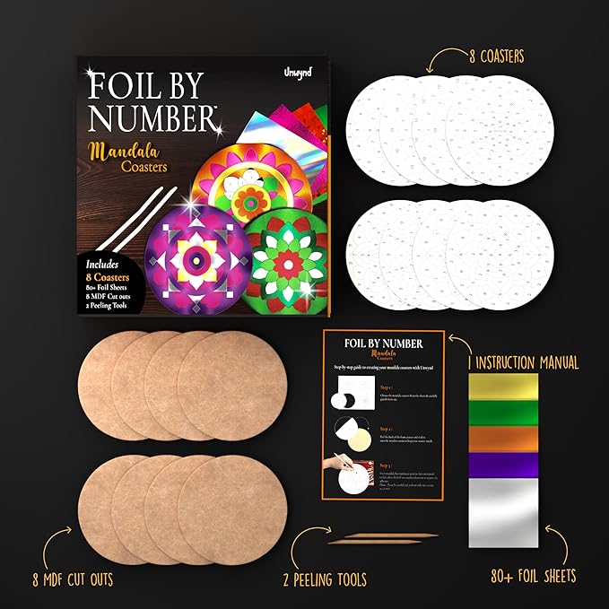 Unwynd Foil by Number Mandala Coaster Kit, 8 Pc DIY Foil Art Kit for Adults, Just Like Paint by Number Kits, Relaxing Arts & Crafts Coaster Set, Craft Gift for Teen & Women