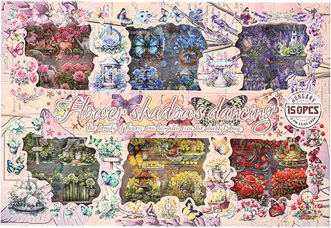 SIBLYMONA Vintage Stickers 150 Sheets Pack Over 800+ Pieces, Floral Butterfly Transparent Stickers for Scrapbooking Journaling, Junk Journal Supplies Transfers Crafts (Shadow of Flower)