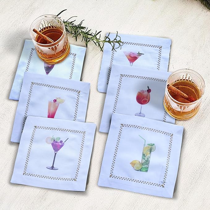 Cocktail Napkins Set of 6, 6x6 inch, 100% Pure Cotton, Unique Printed Patterns, Reusable & Washable Napkin Coasters for Beverages, Parties & Everyday Use (Tropical Fruit Cocktail)