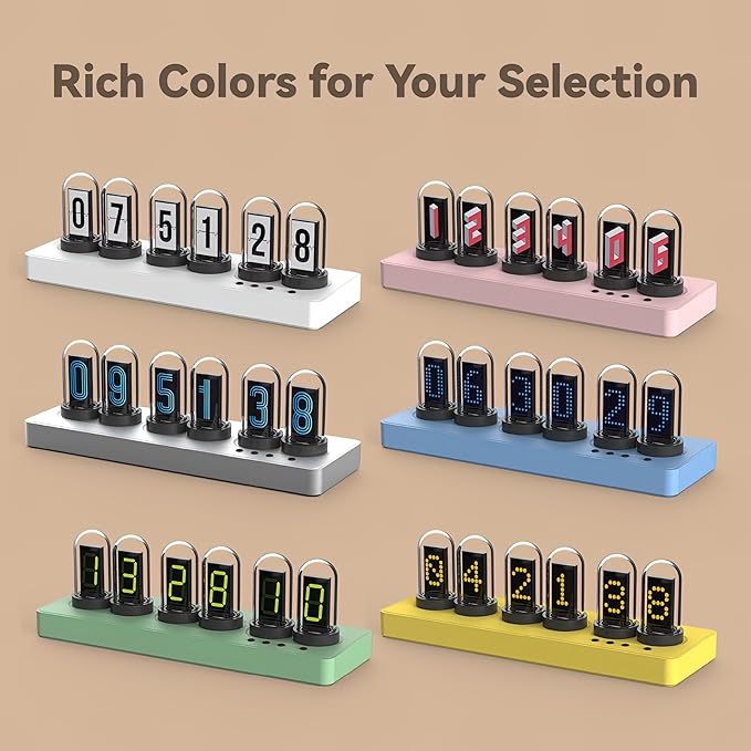 Nixie Tube Clock Glow Tube Clock IPS Color Screen Digital Clock with 6 Sets of Alarm Clocks, 7 Modes, 12 Customized Pictures, Web Control, no app Required (Pink)