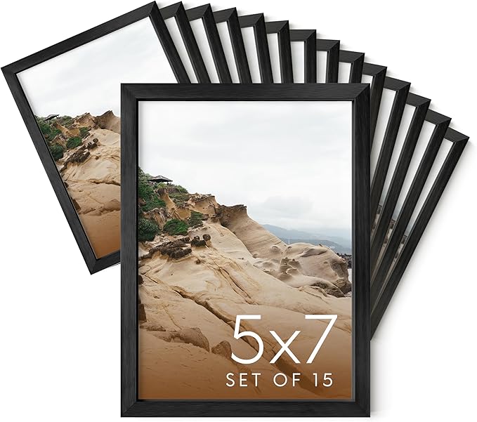 HAUS AND HUES 5x7 Black Metal Picture Frames - Black 5X7 Photo Frames - Features Premium Aluminum, Vertical Hanging, Easel Back for Tabletop, Home, Office (5x7 in, Black, Set of 15)