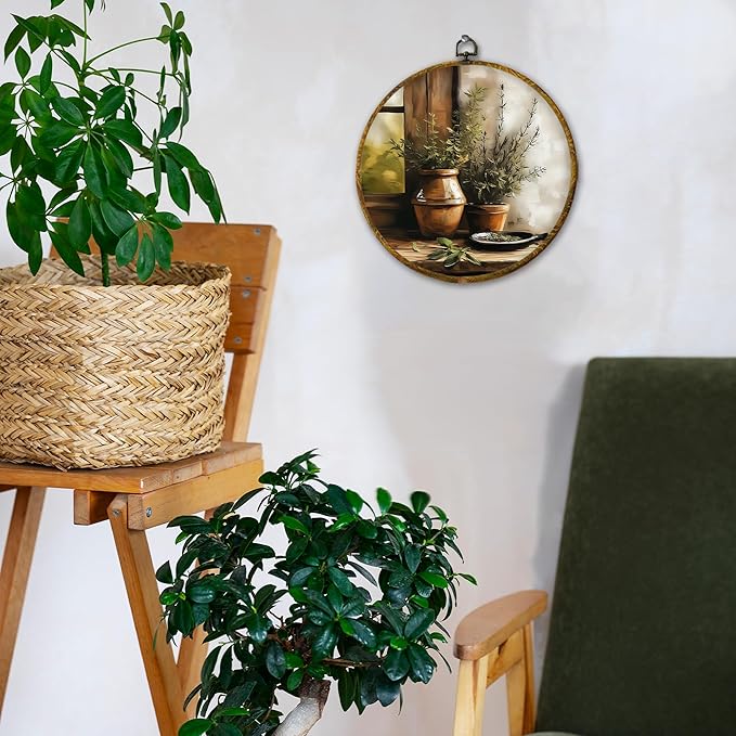 Hiuwevt Vintage Botanical Round Wall Art Decor, Antique Still Life Plant Framed Canvas Prints, Rustic Farmhouse Round Wall Hanging Decor for Home Living Room Decorations, 10x10 Inches