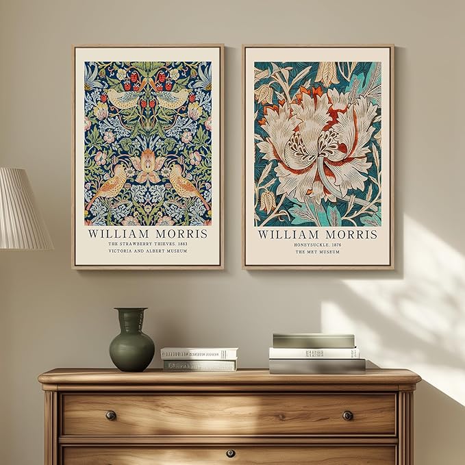 Framed William Morris Canvas Wall Art, Large 2 Pieces Vintage Strawberry Thief Artwork for Walls, Botanical Floral Art Prints for Bedroom, Living Room, Dining Room, Bathroom, Office Wall Decor, 16x24