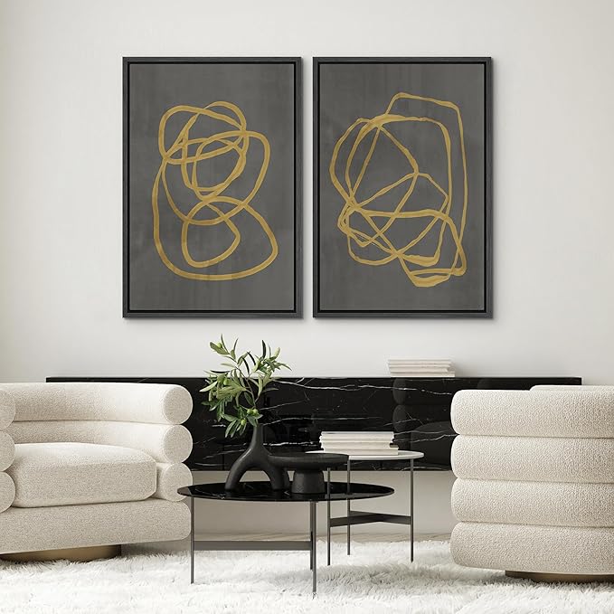 SIGNWIN Framed Canvas Print Wall Art Set Mid-Century Yellow Gray Polygon Collage Abstract Shapes Cozy Neutral Modern Minimalism Decorative Nordic for Living Room, Bedroom, Office - 16"x24"x2 Black