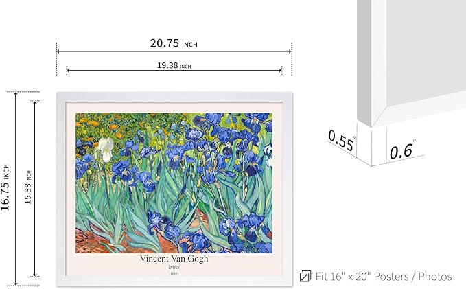 Monem Art Vintage Van Gogh Poster - Retro Irises Print - Impressionism Art - Floral Art - Fine Art - Flower Art - Classic Painting Art - Aesthetic Living Room Wall Decor - 16x20 White Framed