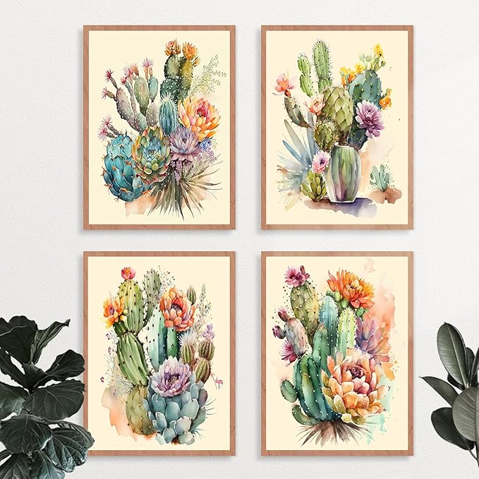 Cactus Posters, Canvas Wall Art Cactus Decor,Cacti Botanical Prints,Green Flowers and Plants Bathroom Poster Printing Women's Apartment Office Fashion Gift (8x10 inch，Set of 4，Unframed)