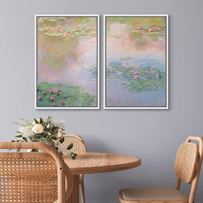 SIGNWIN Framed Canvas Print Wall Art Set Impressionist Water Lily Illustration Modern Art Minimalism Decorative for Living Room, Bedroom, Office - 16"x24"x2 White