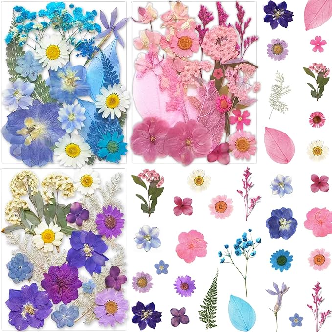 52Pcs Dried Pressed Flowers for Resin, Real Natural Bulk Assorted Dry Leaves Floral for DIY Art Crafts, Epoxy Molds, Jewelry, Soap, Candle Making, Nails Decors