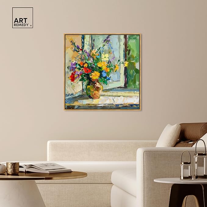 Art Remedy Vase By The Window Framed Impressionism 1 Piece Canvas Wall Art/Monet And Van Gogh Inspired Art, 41.5" x 41.5", Gold Frame
