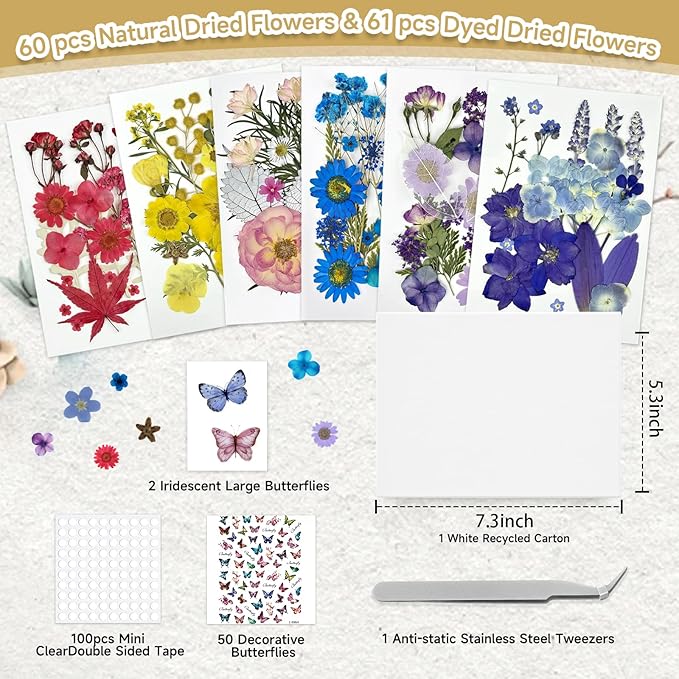 173Pcs Real Dried Pressed Flowers for Crafts - Natural Dry Flower Kit for Resin, Stickers, Bookmarks, Candle Making, Soap, Nail Art, Frames, Invitations & Jewelry