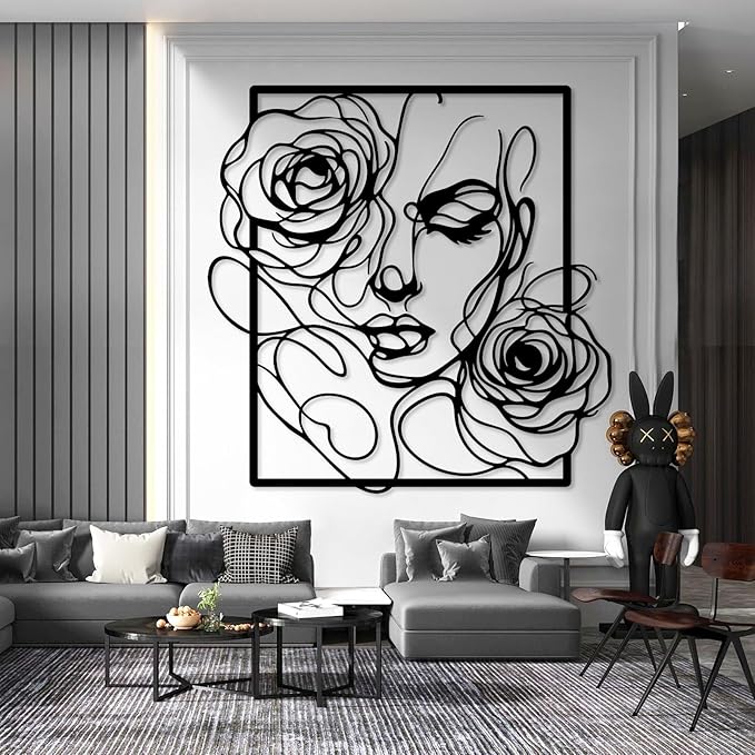 Trpiox Abstract Woman Face Flower Metal Wall Art, Minimalist Woman Flower Metal Wall Decor, Women Face Wall Decor for Living Room, Bedroom, Office(Silver,39" Hx39 W/100x100cm)