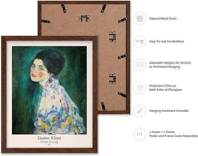 Poster Master Vintage Gustav Klimt Poster - Retro Portrait of a Lady Print - Expressionism Art - Woman Art - Classic Painting - Aesthetic Art - Living Room or Office Decor - 16x20 Brown Framed
