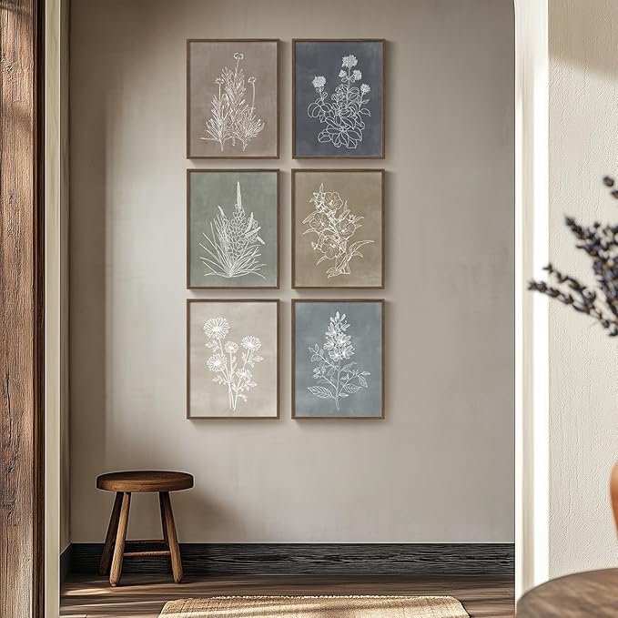 Framed Boho Botanical Wall Art for Living Room, Set of 6 Rustic Floral Canvas Painting Prints, Vintage Minimalist Neutral Flower Artwork for Modern Farmhouse Bedroom Kitchen Hallway Wall Decor, 11x14