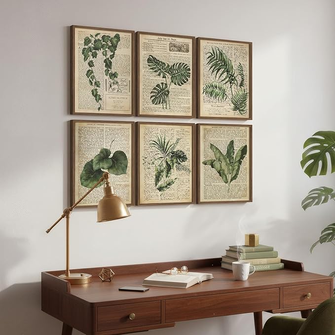 Framed Vintage Botanical Wall Art, Set of 6 Green Leaf and Fern Canvas Painting Prints, Rustic Farmhouse Plant Artwork for Living Room Bedroom Kitchen Dining Room Office Apartment Decor, 11x14 Inch