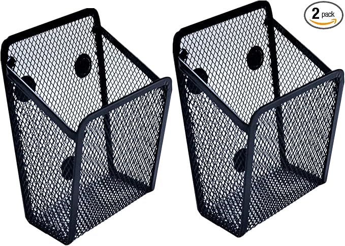 Mantouxixi 2 Pack Magnetic Pencil Pen Holder, Rectangle Metal Mesh Basket Storage Organizer with Extra Strong Magnet to Hold Refrigerator, Whiteboard, Locker Accessories, Office Supplies - Black