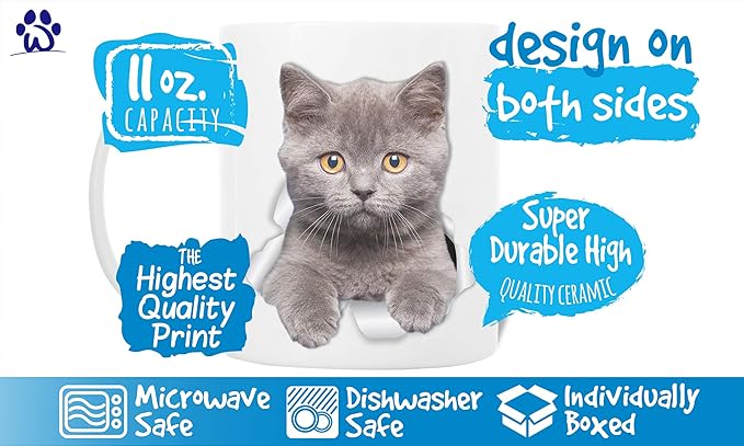 Winston & Bear British Shorthair Cat Mug - Grey Kitty Ceramic Coffee Mug Gift for Cat Lovers (11oz)