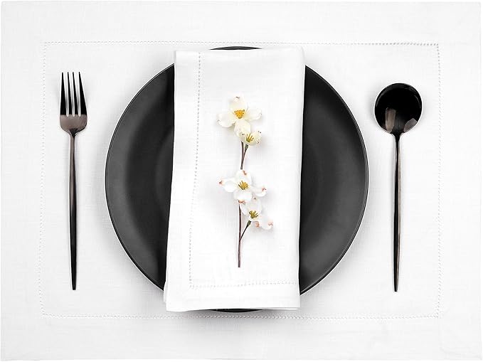 D'Moksha Homes White Linen Placemats Set of 4 - Classic Hemstitch Placemats 14 x 19 Inch - 100% Pure Linen Table Mats for Valentines, Spring, Easter - Handcrafted and Machine Washable