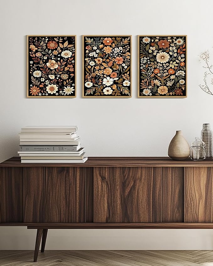 KUVIOKE Orange Vintage Flower Framed Wall Art Boho Floral Wall Decor Retro Wildflower Modern Art Prints Bedroom Living Room Home Decor 12x16in (Natural Framed)