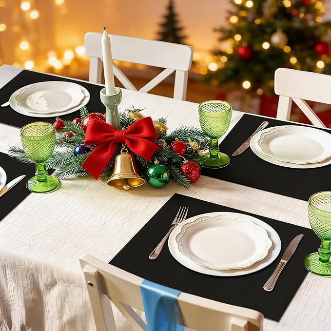 MANSPHIL Black Cloth Placemats Set of 4 Washable Thick Faux Linen Table Place Mats Heat Resistant Double Layer Fabric Wrinkle Free Dining Kitchen Table Decor - 13x19 Inch Oeko Tex Placemat