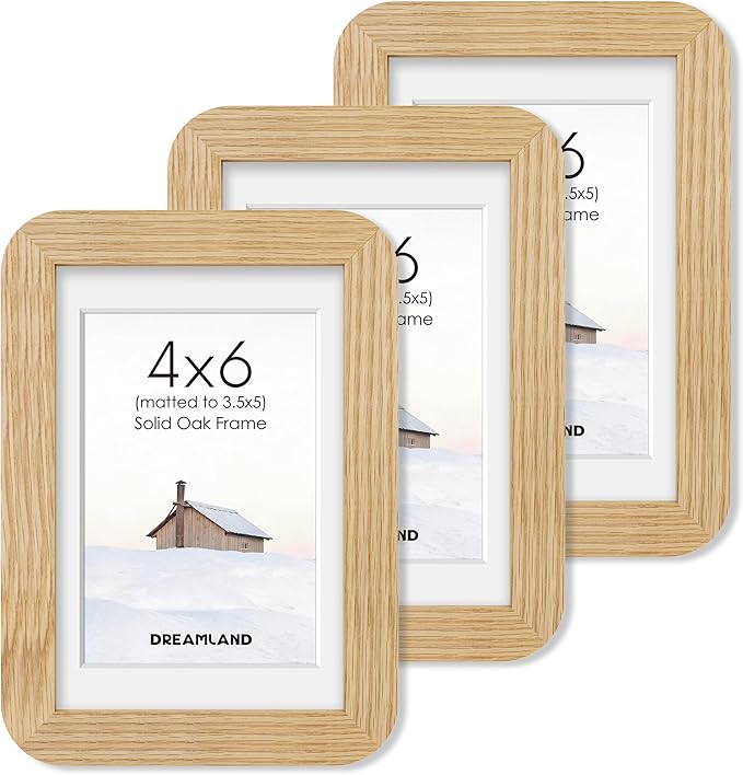 Dreamland 4x6 Picture Frame Set of 3, Solid Oak Wood Photo Frame with Mat for 3.5x5, Round Corner 4 x 6 Matted Picture Frames with Resistant Plexiglass for Wall Mounting or Tabletop, Oak Color