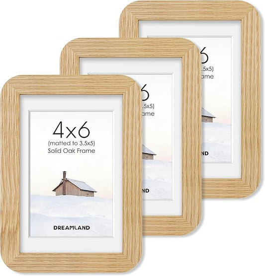 Dreamland 4x6 Picture Frame Set of 3, Solid Oak Wood Photo Frame with Mat for 3.5x5, Round Corner 4 x 6 Matted Picture Frames with Resistant Plexiglass for Wall Mounting or Tabletop, Oak Color