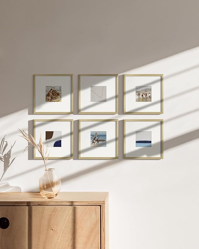 HAUS AND HUES 8x8 Gold Metal Picture Frames Matted to 4x4 - Premium Aluminum with Hanging Hardware, Shatterproof Plexiglass - Ideal for Home or Office (8x8 in, Gold, Set of 6)