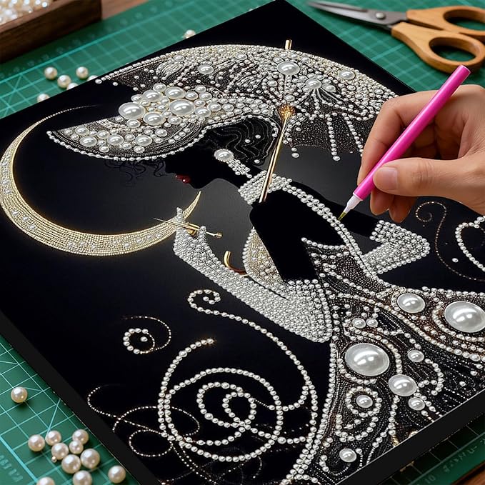DIY Pearl Painting Kit with Wooden Frame, 3D Plastic Pearl Gemstone Ocean Art Craft for Adults Beginners, Diamond Art Kits for Adults, Home Wall Decor Ready Gift for Women(Moon Umbrella Woman)(30*30cm